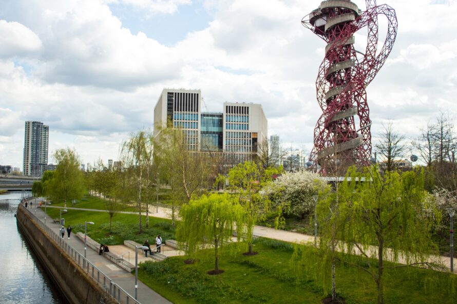 wide view of red tower