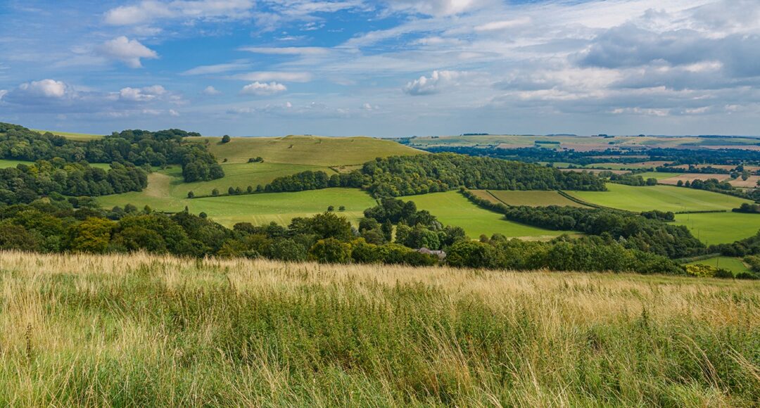 beautiful scenery overlooking the village of Oare from the South facing edge of the Marlborough Downs, adjacent to Pewsey Vale, Wiltshire AONB