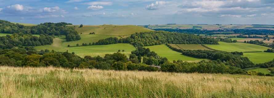 beautiful scenery overlooking the village of Oare from the South facing edge of the Marlborough Downs, adjacent to Pewsey Vale, Wiltshire AONB
