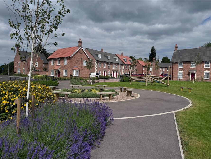 Play area for Davidsons Homes. Northampton Road, Rushden featuring lots of sensory planting, ethically sourced and hard wearing FSC UK sourced softwood timbers and plenty of seating.